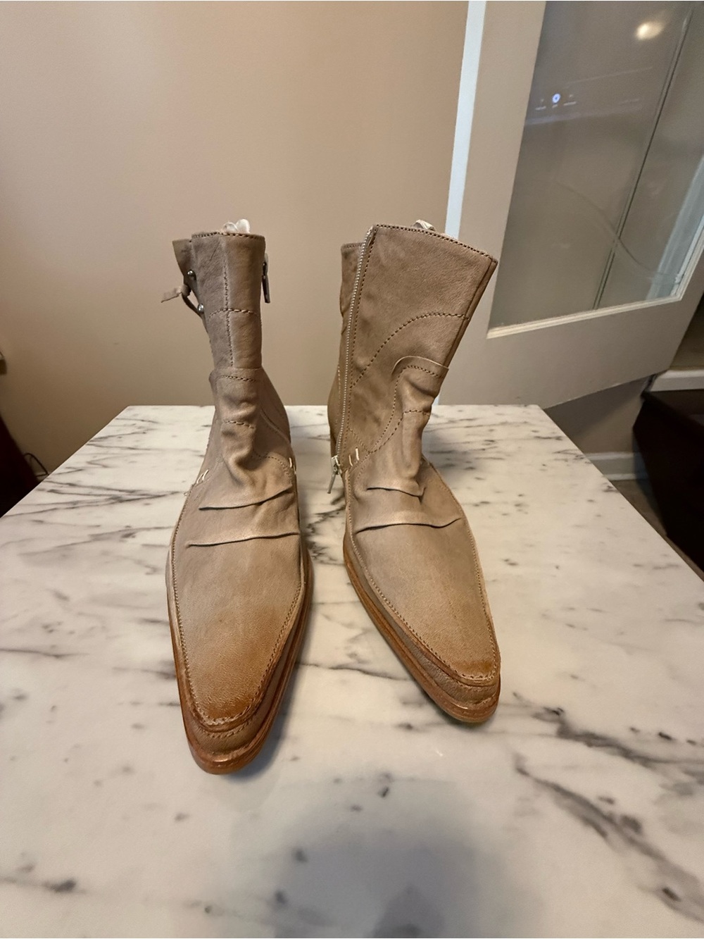 European Tan Leather Pointed Boots